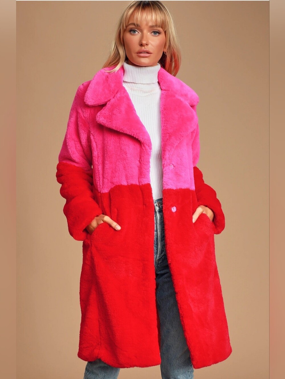 Lulu's All Amped Up Hot Pink and Red Colorblock Teddy Coat Size Small